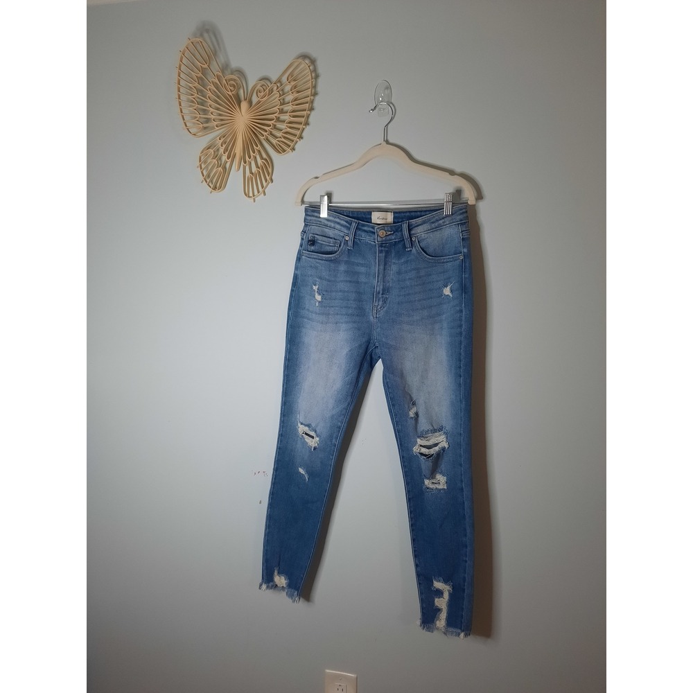 Kancan High Rise Distressed Skinny Jeans Medium Wash Raw Hem Size 9/28